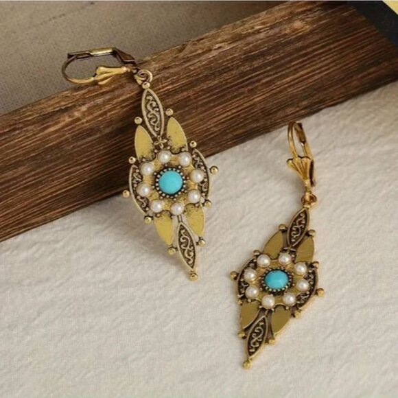 NEW Zelda Art Deco Gold Plated Seed Pearl Turquoise Drop Earrings - Picture 2 of 5